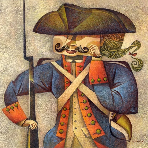 Stylized image of a 18-century solider holding a bayonet. Illustration by Sara Tyson, Decorative, Figurative, Whimsical, 