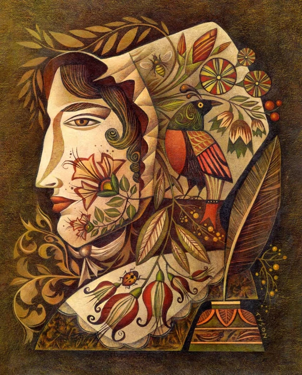 Stylized head of a woman obscured by whimsical flora and fauna. Illustration by Sara Tyson, Decorative, Figurative, Portrait, 