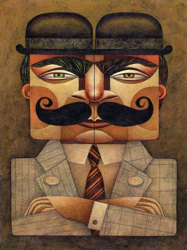 Stylized image of a man in a suit wearing 2 hats. Illustration by Sara Tyson, Figurative, Whimsical, Conceptual, 