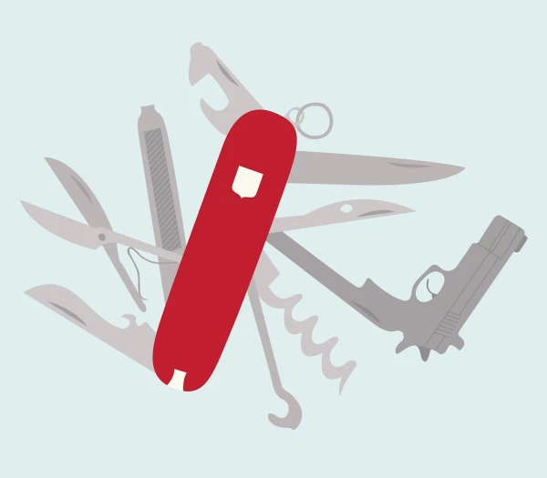 Illustration of a Swiss Army knife showing all its tools, including a handgun. Illustration by Sarah Cohn, Conceptual, 