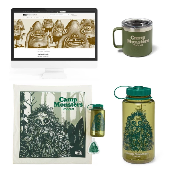 Mug, water bottle, canvas bag illustrated for Camp Monsters podcast. Illustration by Tyler Grobowsky, Lifestyle, Nature, Whimsical, 