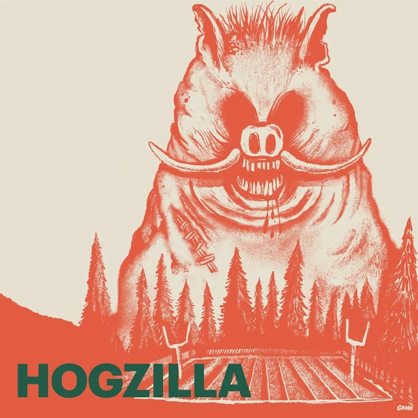 Illustration of Hogzilla, a giant boar overlooking a field. Illustration by Tyler Grobowsky, Whimsical, Fantasy, 
