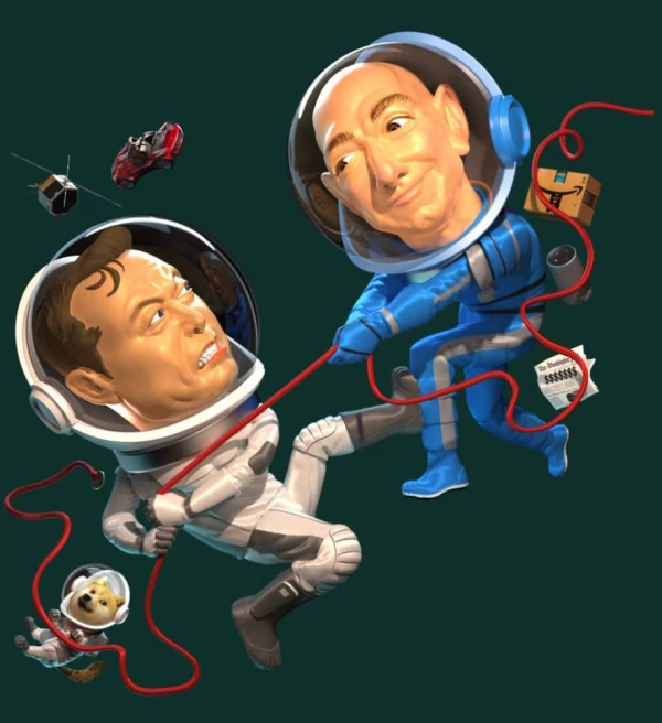 Image of Elon Musk and Jeff Bezos fighting in outer space. Illustration by Wesley Bedrosian, Portrait, 