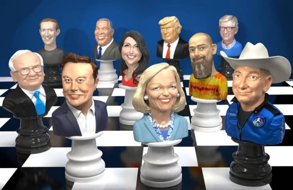 A chess board with the chess pieces portraits of well-known figures like Elon Musk, Donald Trump, Bill Gates. Illustration by Wesley Bedrosian, Portrait, 