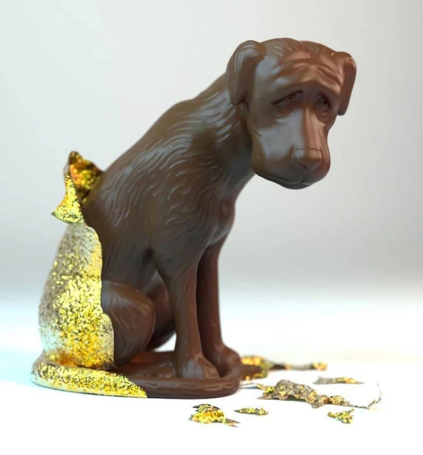 Image of a chocolate dog with his foil wrapper in shreds. Illustration by Wesley Bedrosian, Conceptual, 