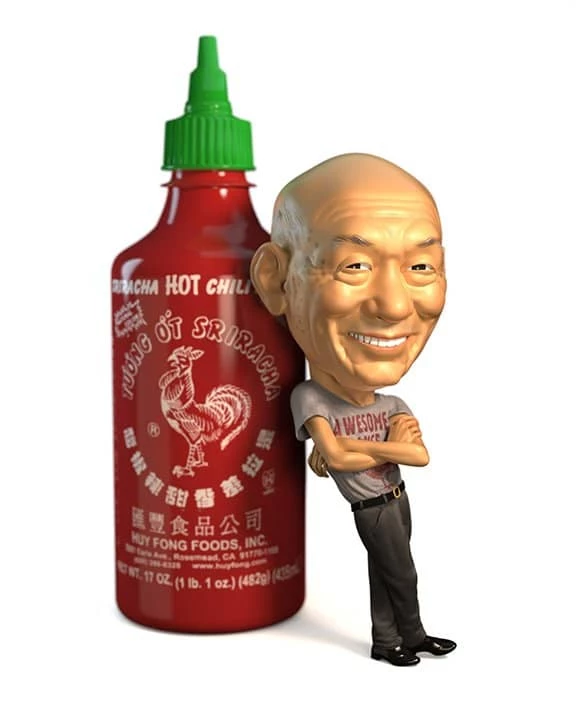 Portrait of David Tran leaning against giant bottle of Sriracha hot sauce. Illustration by Wesley Bedrosian, Portrait, 