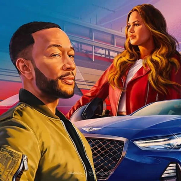 Illustration for Genesis automobiles with John Legend and Chrissy Teigen