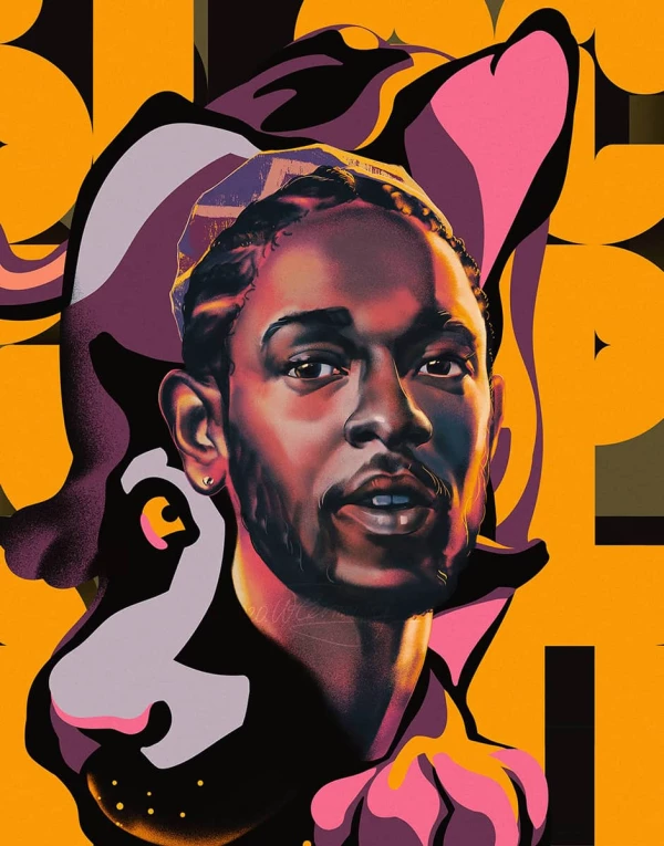 Portrait of Kendrick Lamar on a bright abstract background. Illustration by  WFlemming, Portrait, Decorative, Figurative, 
