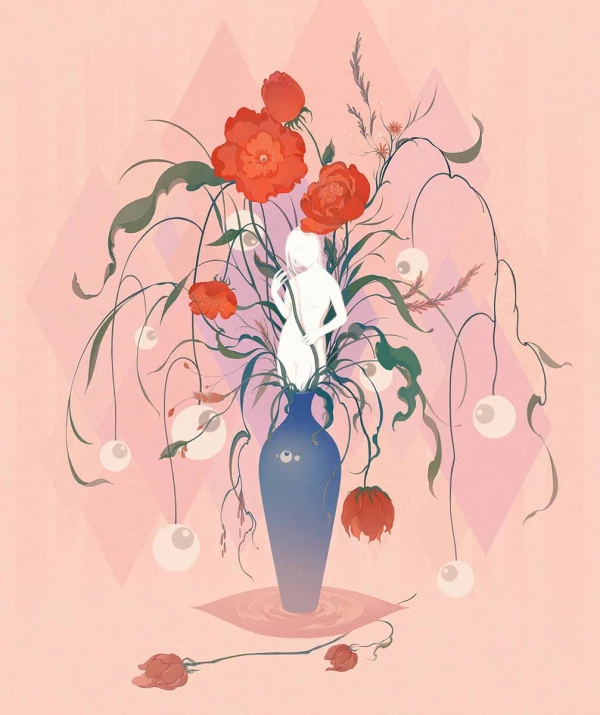 Whimsical image of flowers in a vase. Some of the flowers have eyeballs instead of petals. And a woman is emerging from the vase. Illustration by Yueming Li, Decorative, Conceptual, Nature, Lifestyle, 