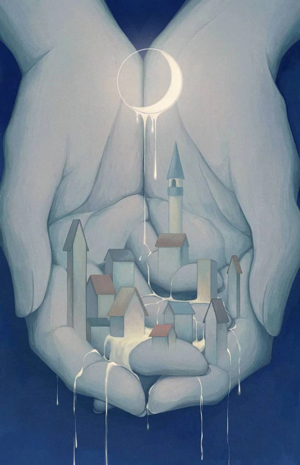 Fantastical image of a pair of hands holding a city with the moon dripping water on it.. Illustration by Yueming Li, Conceptual, Figurative, 