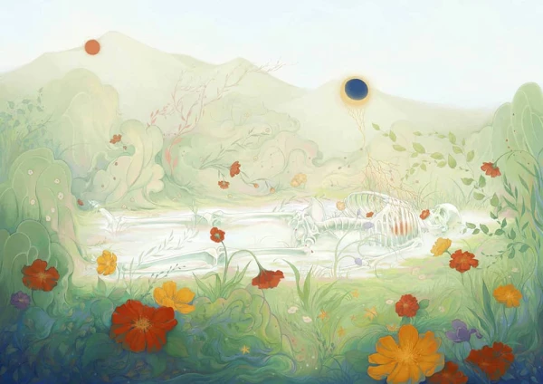 Fantastical image of skeleton lying in pool of water surrounded by flowers. Illustration by Yueming Li, Nature, Conceptual, Figurative, 