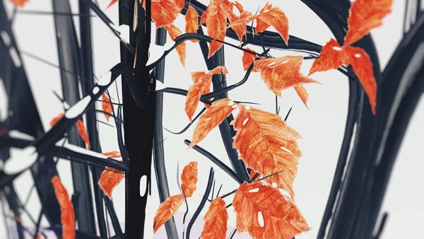 Illustration of snow covered trees with a few vibrant orange leaves. Illustration by Yujia Liu, Nature, 